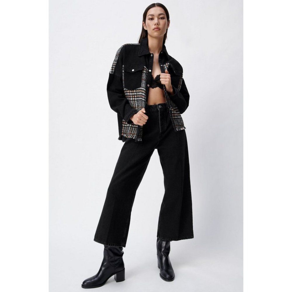 Zara Denim Oversized Jacket Fray Hem Snap Front Plaid Black Size S - Picture 9 of 9